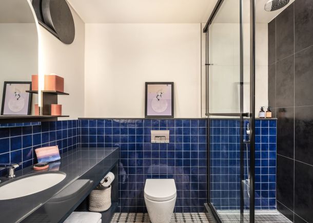 Catbird Hotel bathroom with blue tile