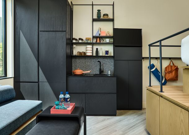 Catbird Hotel kitchenette with dark cabinets