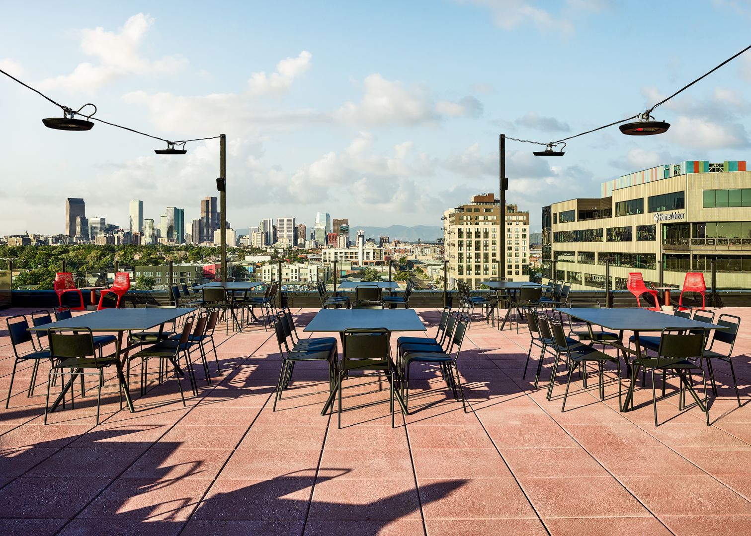 Catbird Hotel rooftop patio with Denver skyline views