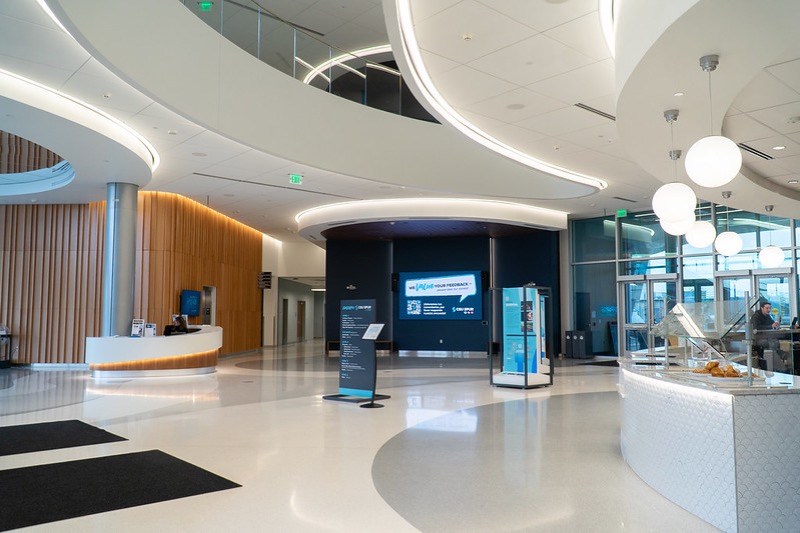 Hydro building lobby with spiral ceiling and cafe