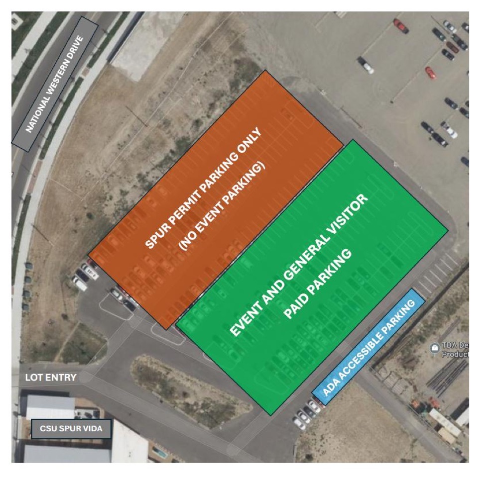 Aerial diagram of the CSU Spur parking lot north of the Vida Building, showing the green event and general visitor paid parking section, the orange permit-only section, ADA accessible parking, and the lot entry
